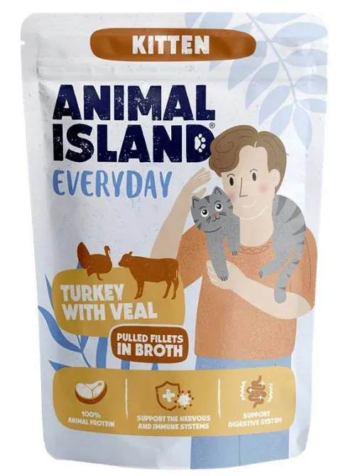 Animal Island Everyday Kitten Turkey with Rabbit&Turkey with Veal in Broth Mokra Karma dla kociąt op. 4x85g