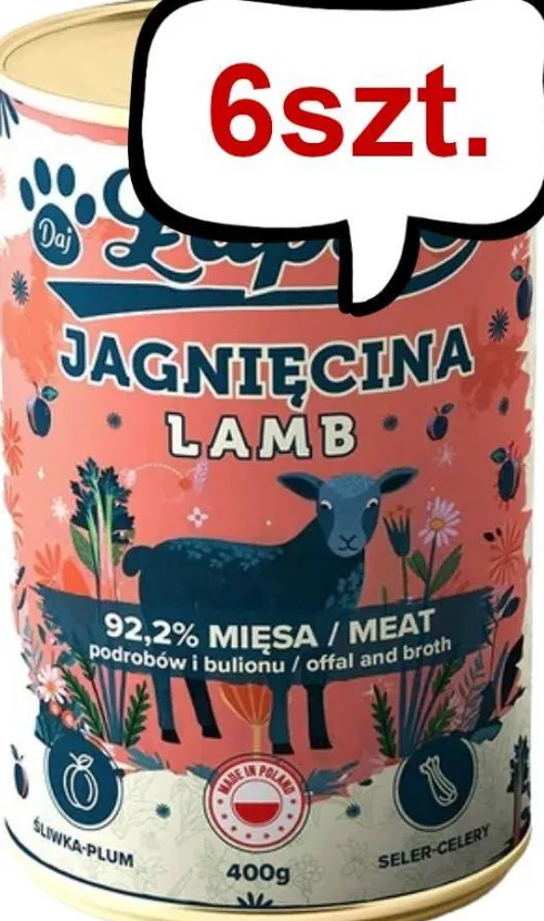 Łapsie Complete Adult Jagnięcina ze Śliwką Mokra karma dla psa. op. 400g Pakiet 6szt.