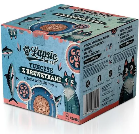 Łapsie for Cat Adult Tuńczyk z krewetkami Mokra karma dla kota. op. 80g Pakiet 12szt.