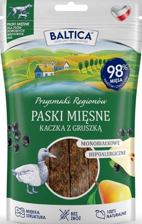 Baltica Przysmaki Regionów Paski mięsne z kaczką i gruszką dla psa op. 90g