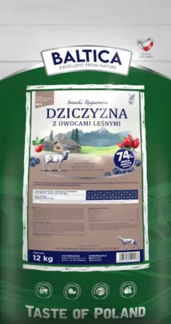 Baltica Smaki Regionów Adult Medium Dziczyzna z Owocami Leśnymi Sucha Karma dla psa op. 12kg + Baltica Przysmak Hello Summer i Piłka plażowa GRATIS