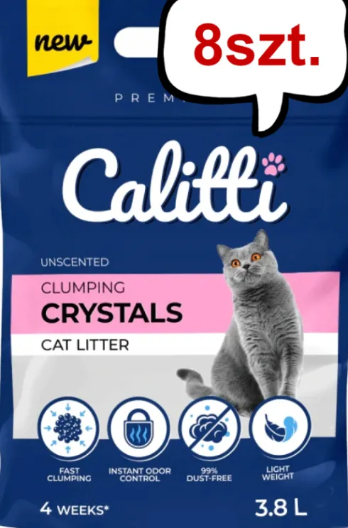 Calitti Clumping Crystal Żwirek silikonowy, bezzapachowy dla kota poj. 3,8l Pakiet 8 szt.