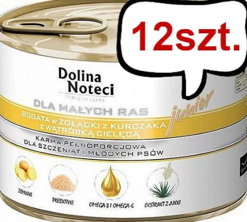 Dolina Noteci Premium Junior Small Żołądki z kurczaka oraz wątróbka cielęca Mokra Karma dla szczeniaka op. 185g Pakiet 12szt. WYPRZEDAŻ