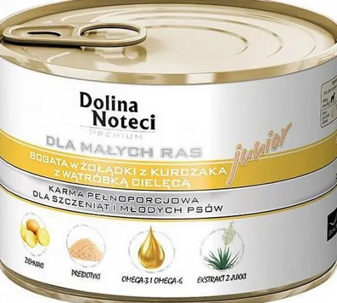 Dolina Noteci Premium Junior Small Żołądki z kurczaka oraz wątróbka cielęca Mokra Karma dla szczeniaka op. 185g Pakiet 12szt. WYPRZEDAŻ