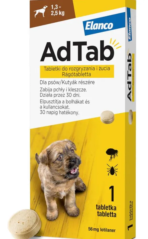 Elanco AdTab Tabletka na kleszcze i pchły 56.25mg dla psa o wadze 1.3kg-2.5kg op. 1szt. Pakiet 3szt.