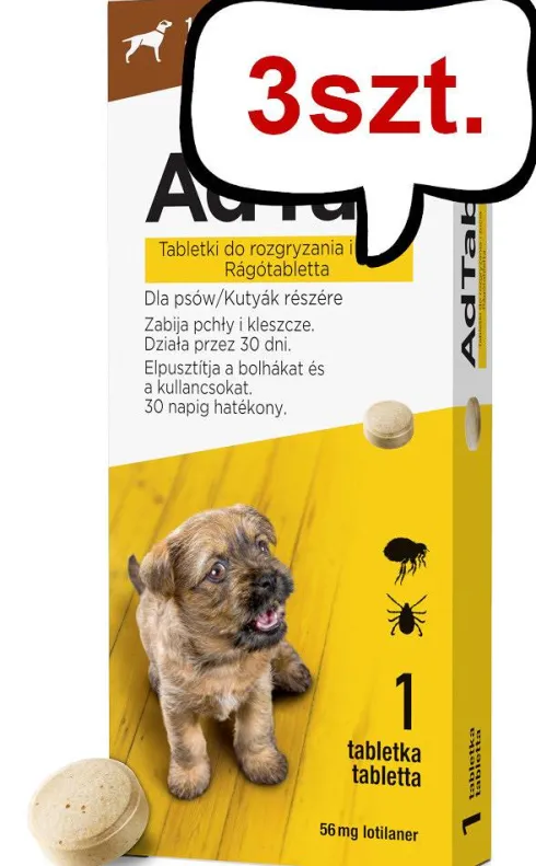 Elanco AdTab Tabletka na kleszcze i pchły 56.25mg dla psa o wadze 1.3kg-2.5kg op. 1szt. Pakiet 3szt.
