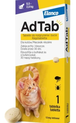 Elanco AdTab Tabletka na kleszcze i pchły 12mg dla kota o wadze 0.5kg-2kg op. 1szt.