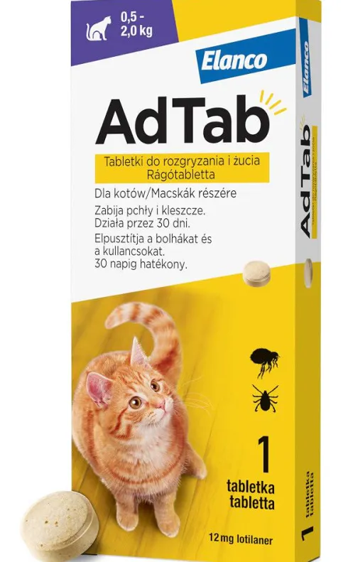 Elanco AdTab Tabletka na kleszcze i pchły 12mg dla kota o wadze 0.5kg-2kg op. 1szt.