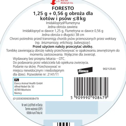 Elanco Foresto Obroża na kleszcze i pchły dla psa i kota poniżej 8kg dł. 38cm