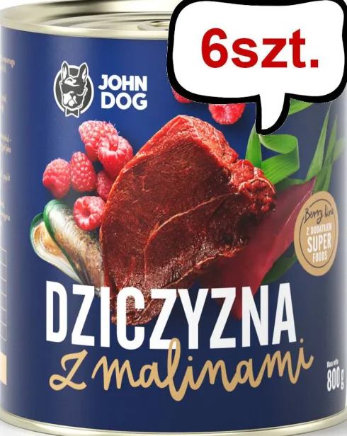 John Dog Berry line Adult Dziczyzna z malinami Mokra Karma dla psa op. 800g Pakiet 6szt.