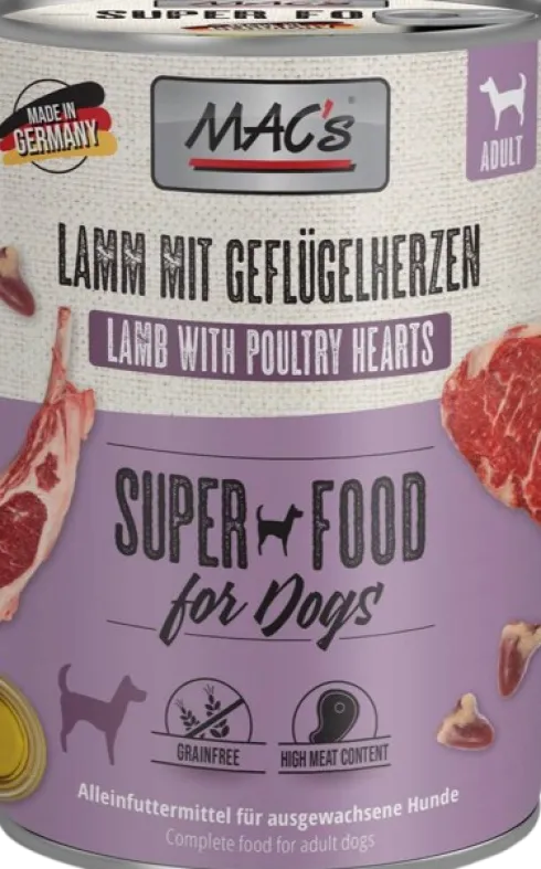 Mac's Adult Superfood Jagnięcina z Sercami Drobiowymi Mokra Karma dla psa op. 400g Pakiet 6szt.