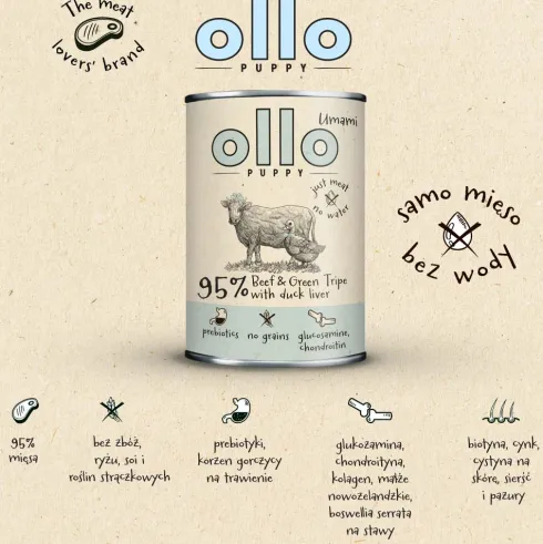 Ollo Puppy Umami Beef&Green Tripe with Duck liver Mokra Karma dla szczeniąt op. 400g Pakiet 8szt.