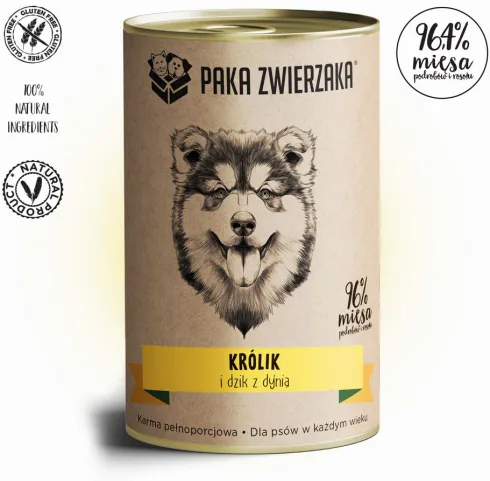 Paka Zwierzaka Królik i dzik z dynią Mokra karma dla psa op. 400g Pakiet 12szt. + Worek bawełniany GRATIS