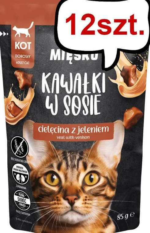 Pan Mięsko Adult Cielęcina z jeleniem w sosie Mokra Karma dla kota op. 85g Pakiet 12szt.