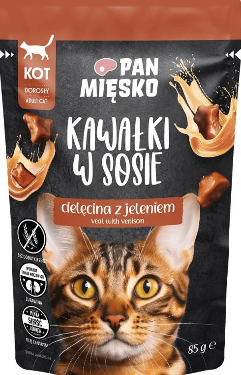 Pan Mięsko Adult Cielęcina z jeleniem w sosie Mokra Karma dla kota op. 85g Pakiet 12szt.