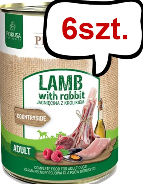 Pokusa Premium Selection Countryside Adult Jagnięcina z królikiem Mokra Karma dla psa op. 400g Pakiet 6szt. + Silikowana pokrywka z łyżeczką GRATIS