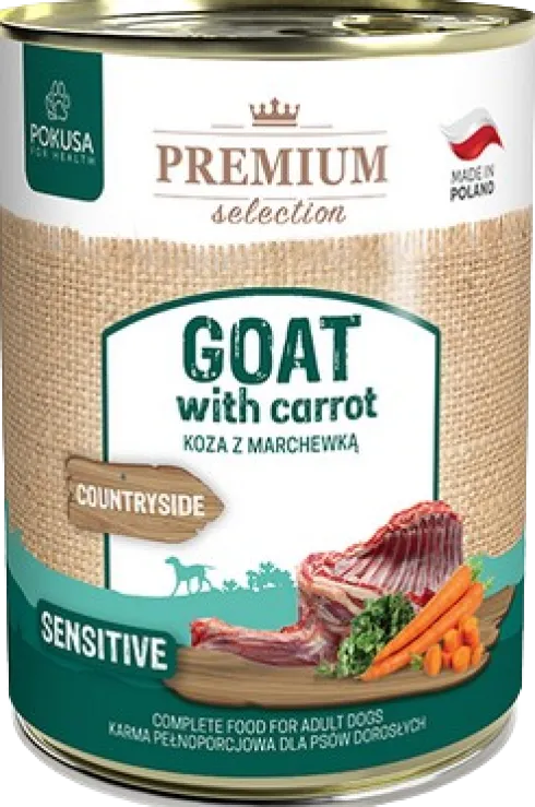 Pokusa Premium Selection Countryside Adult Koza z marchewką Mokra Karma dla psa op. 400g Pakiet 6szt. + Silikonowa pokrywka z łyżeczką GRATIS