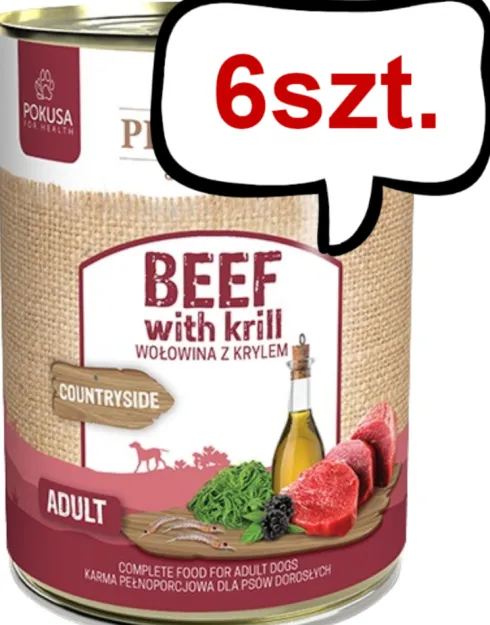 Pokusa Premium Selection Countryside Adult Wołowina z krylem Mokra Karma dla psa op. 400g Pakiet 6szt. + Silikonowa pokrywka z łyżeczką GRATIS