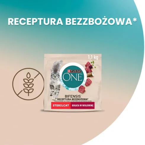 Purina ONE Cat Grain Free Sterilcat z Wołowiną Sucha Karma dla kota op. 1.1kg