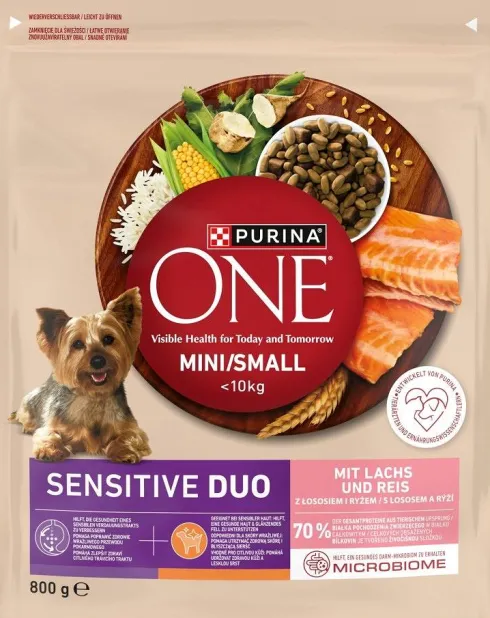 Purina One Dog Adult Mini/Small Sensitive z Łososiem Sucha Karma dla psa op. 800g + Pojemnik na woreczki GRATIS