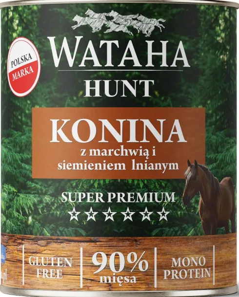 Wataha Hunt Adult Konina z marchewką i siemieniem lnianym Mokra Karma dla psa op. 800g Pakiet 6szt.