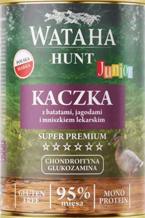 Wataha Hunt Junior Kaczka z batatami, jagodami i mniszkiem lekarskim Mokra Karma dla psa op. 400g