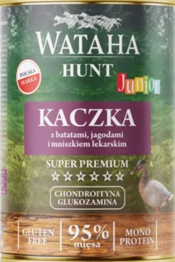 Wataha Hunt Junior Kaczka z batatami, jagodami i mniszkiem lekarskim Mokra Karma dla psa op. 400g Pakiet 12szt.