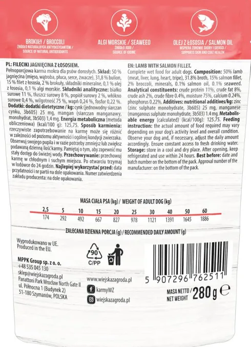Wiejska Zagroda Adult Fileciki Jagnięcina z łososiem Mokra Karma dla psa op. 280g