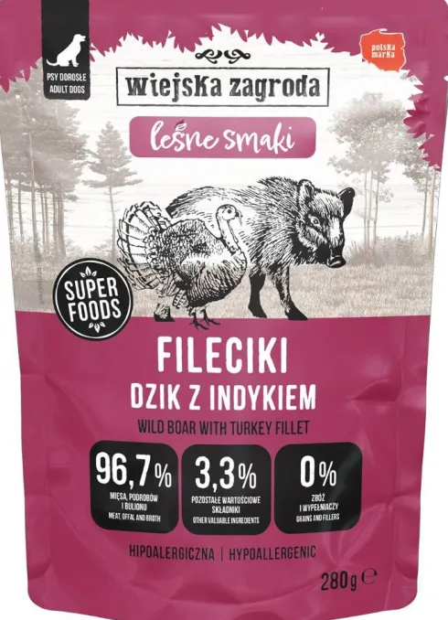 Wiejska Zagroda Adult Leśne Smaki Fileciki Dzik z indykiem Mokra Karma dla psa op. 280g