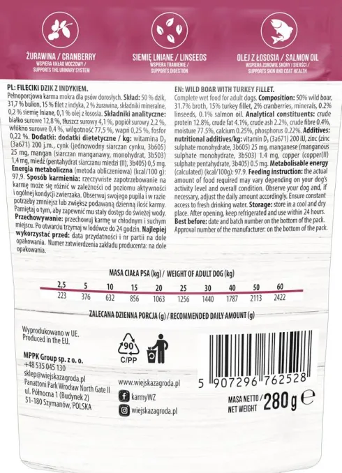 Wiejska Zagroda Adult Leśne Smaki Fileciki Dzik z indykiem Mokra Karma dla psa op. 280g