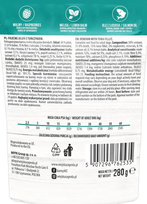 Wiejska Zagroda Adult Leśne Smaki Fileciki Jeleń z tuńczykiem Mokra Karma dla psa op. 280g