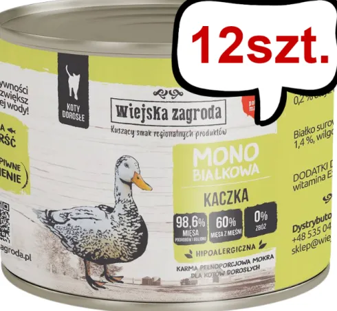 Wiejska Zagroda Adult Monobiałkowa Kaczka Mokra Karma dla kota op. 200g Pakiet 12szt.