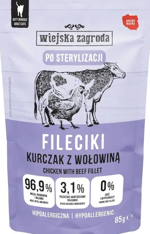 Wiejska Zagroda Adult Sterilised Fileciki Kurczak z wołowiną Mokra Karma dla kota op. 85g Pakiet 12szt.