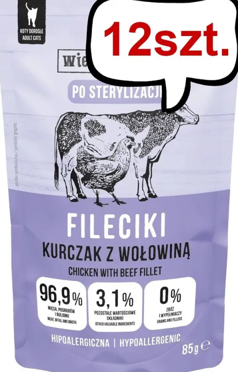 Wiejska Zagroda Adult Sterilised Fileciki Kurczak z wołowiną Mokra Karma dla kota op. 85g Pakiet 12szt.