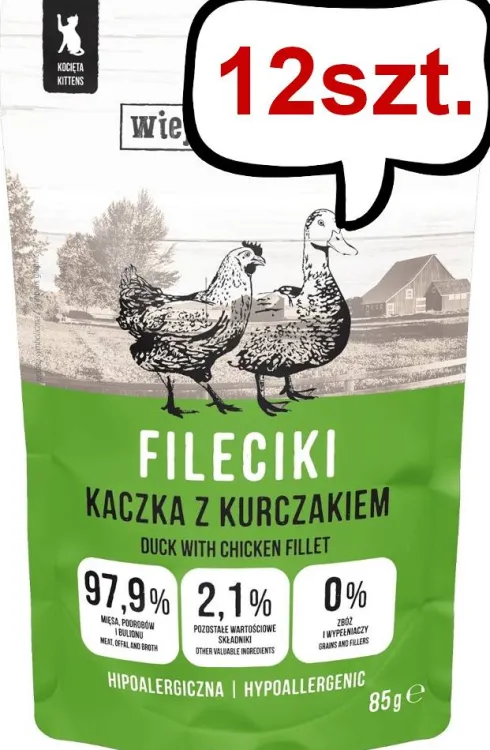 Wiejska Zagroda Kitten Fileciki Kaczka z kurczakiem Mokra Karma dla kociąt op. 85g Pakiet 12szt.