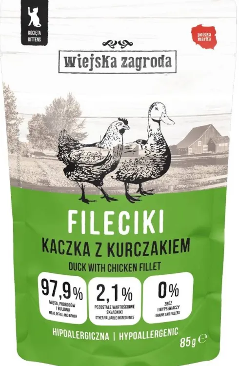 Wiejska Zagroda Kitten Fileciki Kaczka z kurczakiem Mokra Karma dla kociąt op. 85g Pakiet 12szt.