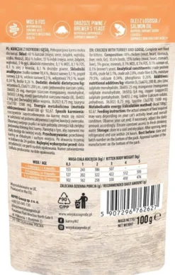 Wiejska Zagroda Kitten Fileciki Kurczak z indykiem i gęsią Mokra Karma dla kociąt op. 100g Pakiet 12szt.
