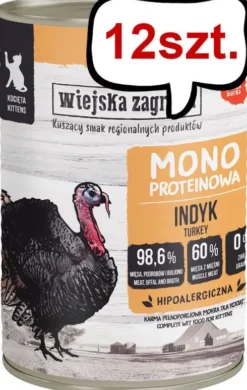 Wiejska Zagroda Kitten Monobiałkowa Indyk Mokra Karma dla kociąt op. 400g Pakiet 12szt.