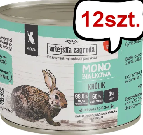 Wiejska Zagroda Kitten Monobiałkowa Królik Mokra Karma dla kociąt op. 200g Pakiet 12szt.