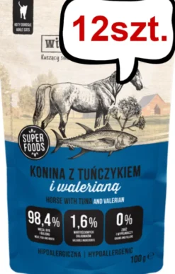 Wiejska Zagroda Konina z tuńczykiem i walerianą Mokra Karma dla kota op. 100g Pakiet 12szt.
