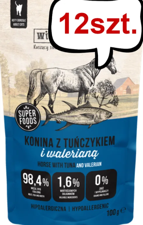 Wiejska Zagroda Konina z tuńczykiem i walerianą Mokra Karma dla kota op. 100g Pakiet 12szt.