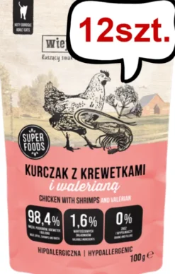 Wiejska Zagroda Kurczak z krewetkami i walerianą Mokra Karma dla kota op. 100g Pakiet 12szt.