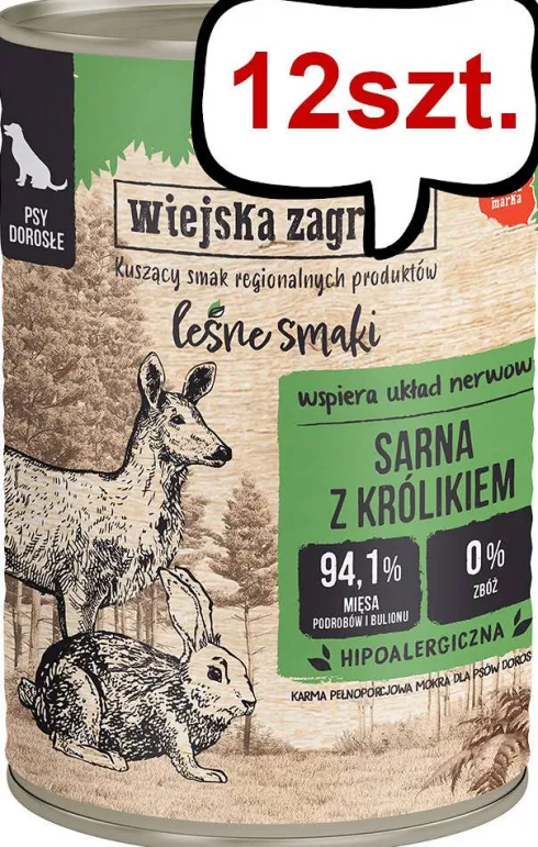 Wiejska Zagroda Leśne Smaki Adult Sarna z królikiem Mokra Karma dla psa op. 400g Pakiet 12szt.
