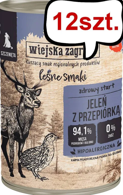 Wiejska Zagroda Leśne Smaki Puppy Jeleń z przepiórką Mokra Karma dla szczeniąt op. 400g Pakiet 12szt.