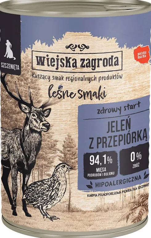 Wiejska Zagroda Leśne Smaki Puppy Jeleń z przepiórką Mokra Karma dla szczeniąt op. 400g Pakiet 12szt.