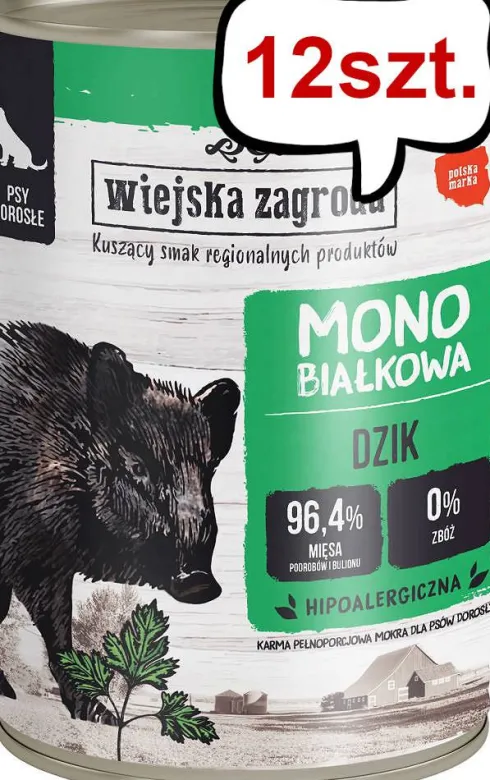 Wiejska Zagroda Monobiałkowa Dzik Mokra Karma dla psa op. 400g Pakiet 12szt.