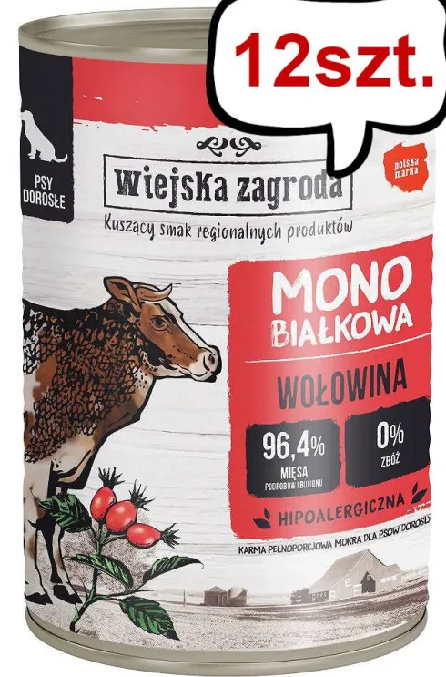 Wiejska Zagroda Monobiałkowa Wołowina Mokra Karma dla psa op. 400g Pakiet 12szt.