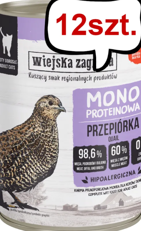 Wiejska Zagroda Monoproteinowa Przepiórka Mokra Karma dla kota op. 400g Pakiet 12szt.