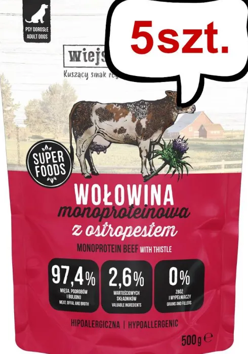 Wiejska Zagroda Mono Wołowiną z ostropestem Mokra Karma dla psa op. 5x500g
