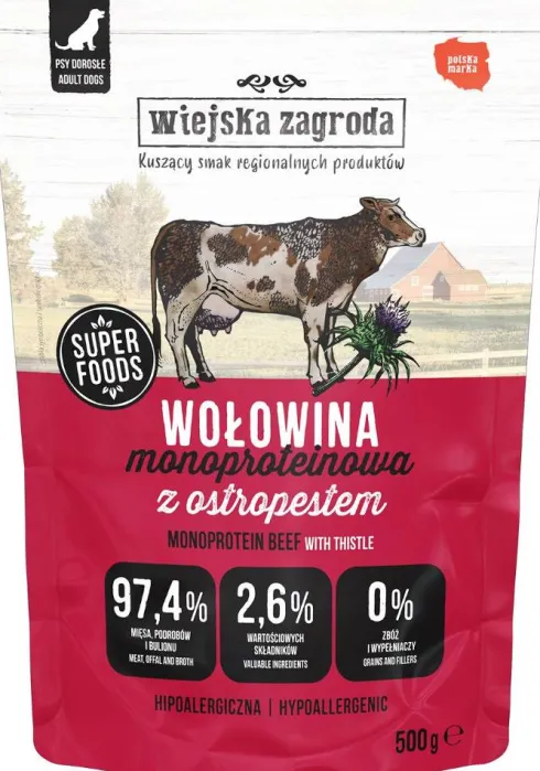 Wiejska Zagroda Mono Wołowiną z ostropestem Mokra Karma dla psa op. 5x500g